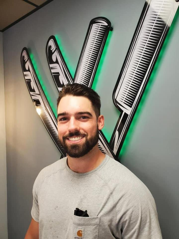 Classic crew cut with beard at Work of Art Barbershop