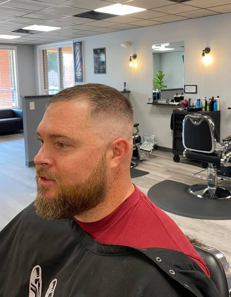 Skin fade with full beard trim at Work of Art Barbershop