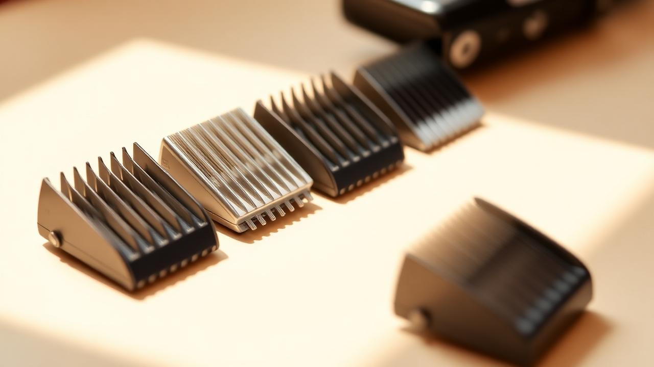 Barber clipper guard attachments lined up from shortest to longest