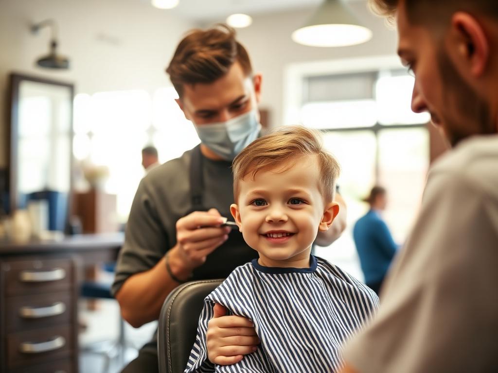 A happy young child getting their first haircut with a friendly barber