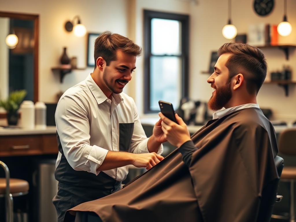 A client showing a reference photo to a friendly barber at the chair